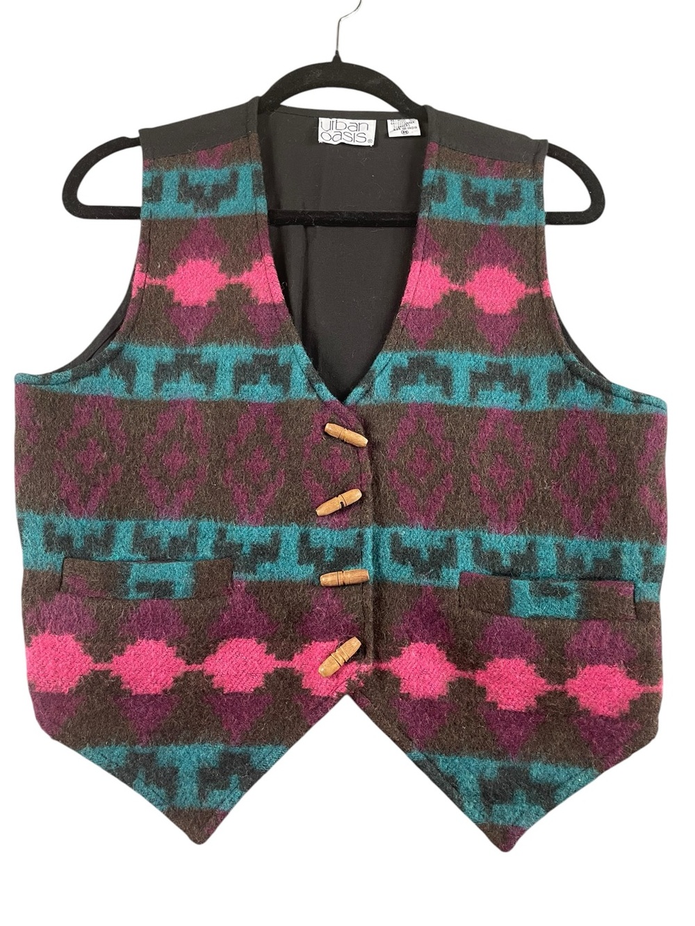 Vtg Urban Oasis Vibrant Southwest Aztec Wool Blend Rodeo Toggle Button Vest - M